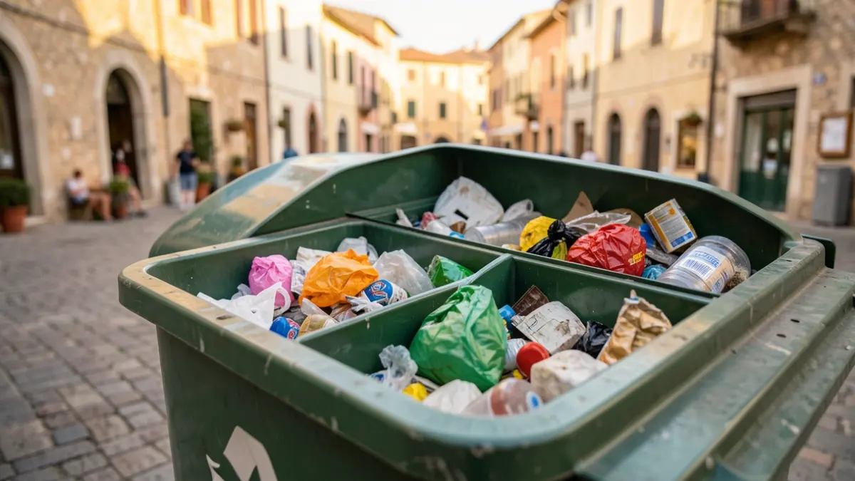 Contenedores de reciclaje separados con luz de tarde.