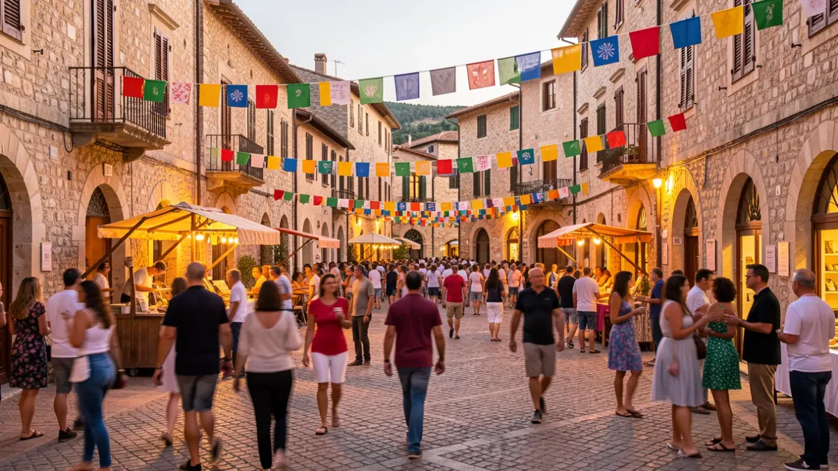 Imagen genérica de una plaza de pueblo mediterráneo durante una fiesta con pancartas y gente disfrutando.