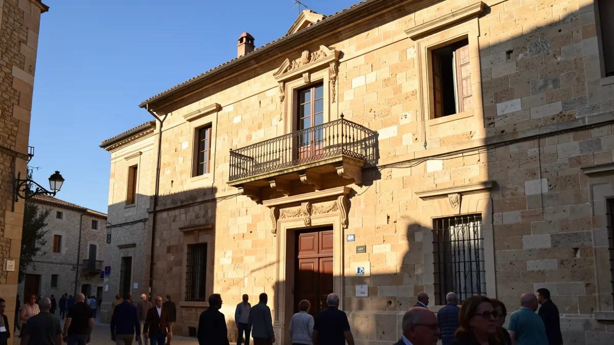 Imagen genérica de la fachada de un ayuntamiento de pueblo mediterráneo con balcón y cielo azul.