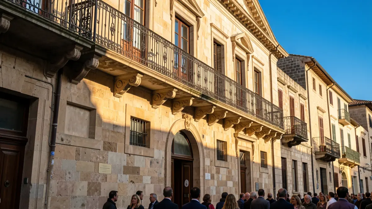 Facade of the Roda de Berà Town Hall with balcony and warm light.