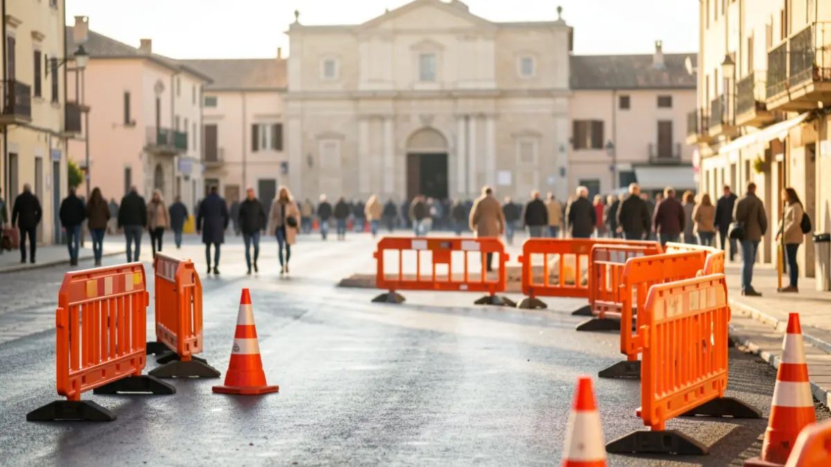 Generic image of roadworks in a town square with temporary signage.