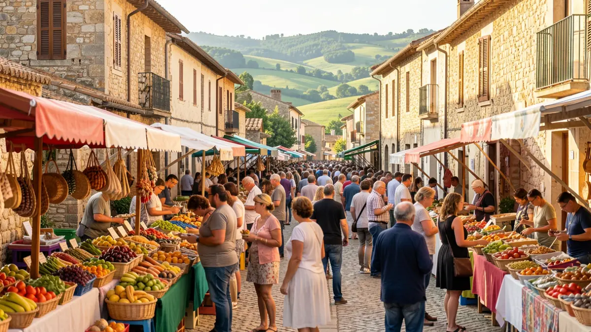 Imatge genèrica d'un mercat popular a l'aire lliure en un poble català amb parades de productes locals i actuacions musicals.