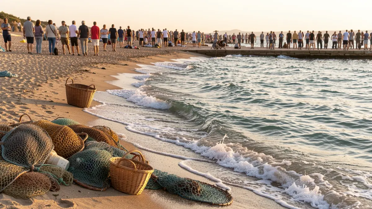 Imagen genérica de olas del mar Mediterráneo rompiendo en la arena, con redes de pesca y cestas dispuestas artísticamente en primer plano, luz cálida de la hora dorada.