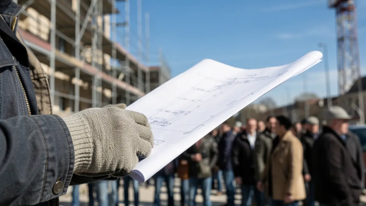 Generic image of a gloved hand holding a blueprint, with blurred scaffolding and a blue sky in the background.