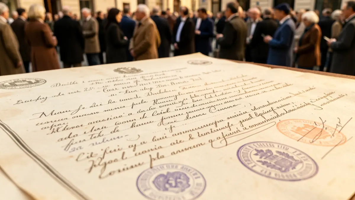 Generic image of an official document with seals and handwritten annotations.
