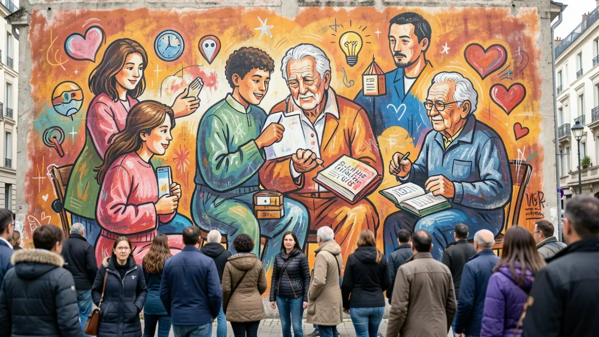 Imagen genérica de un mural urbano que representa la conexión entre generaciones.