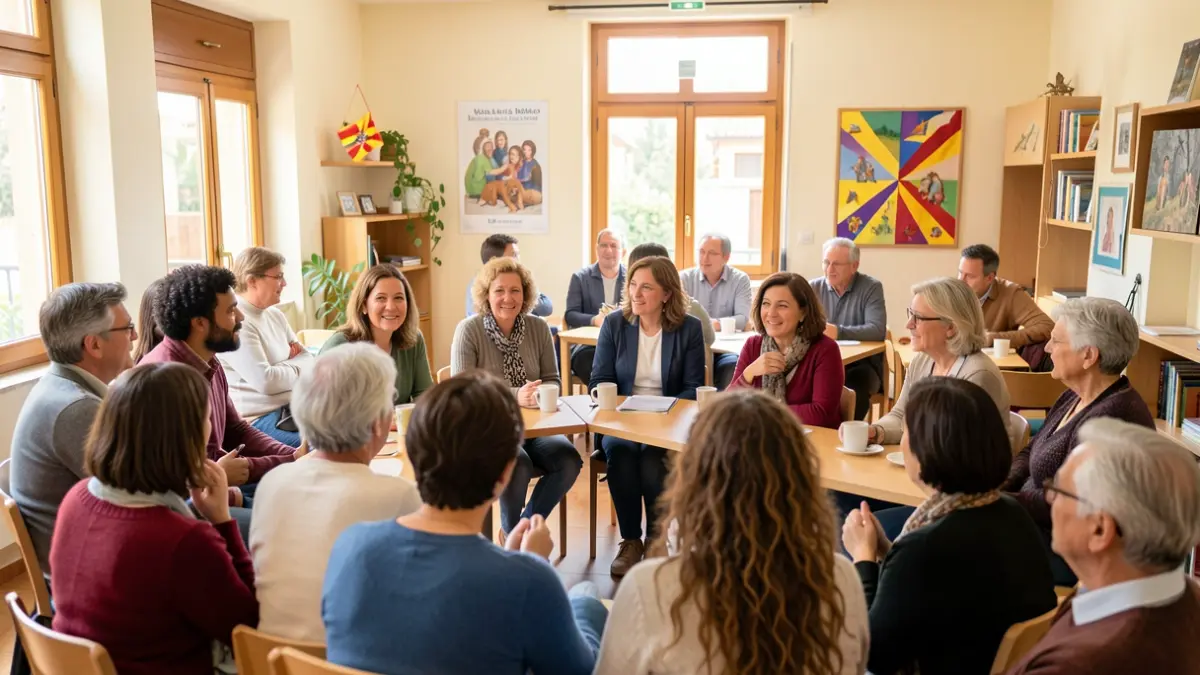 Imatge genèrica de persones conversant en un espai comunitari català.