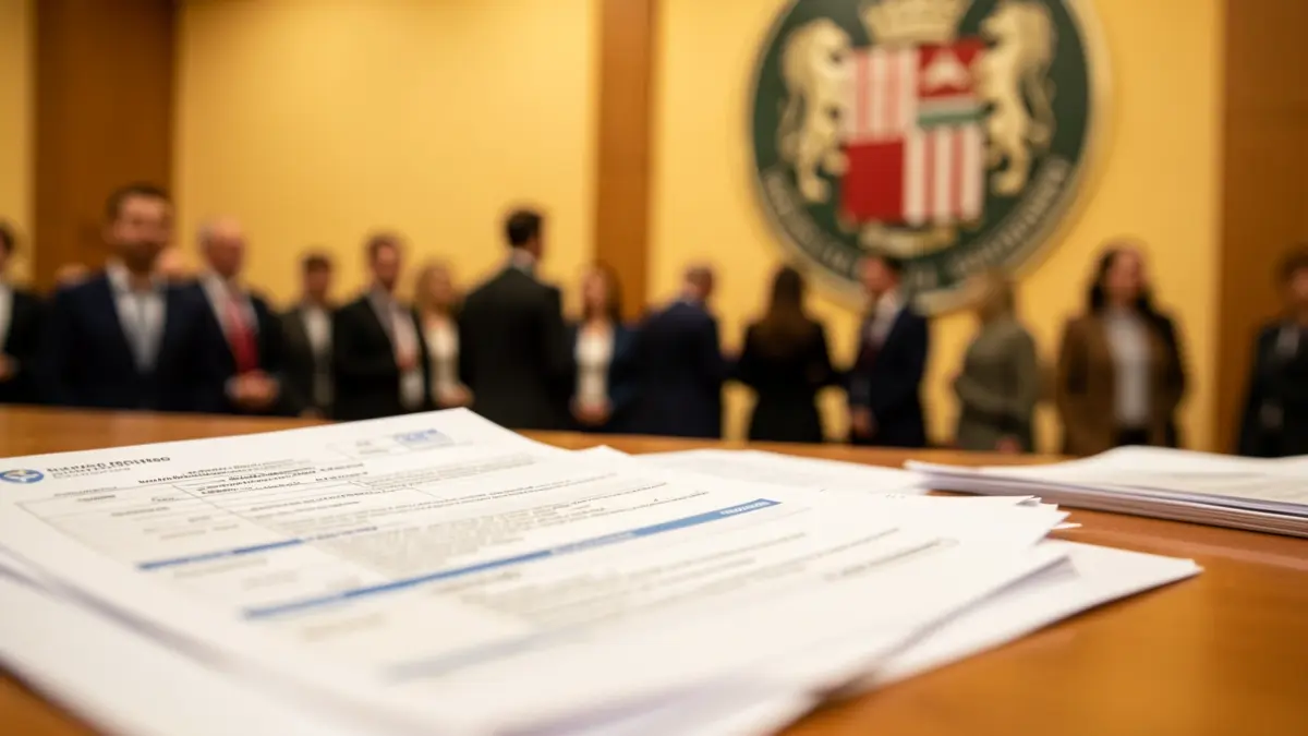 Imatge genèrica de documents oficials i formularis sobre una taula, amb un escut de municipi difuminat al fons.