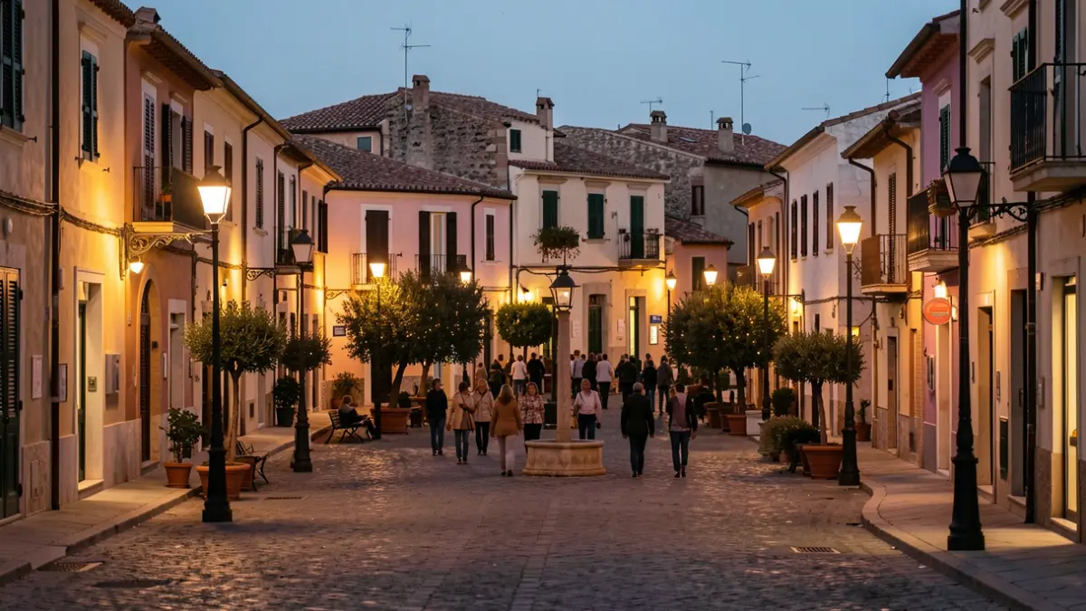 Generic image of streetlights illuminating streets and squares in a Mediterranean town at dusk.