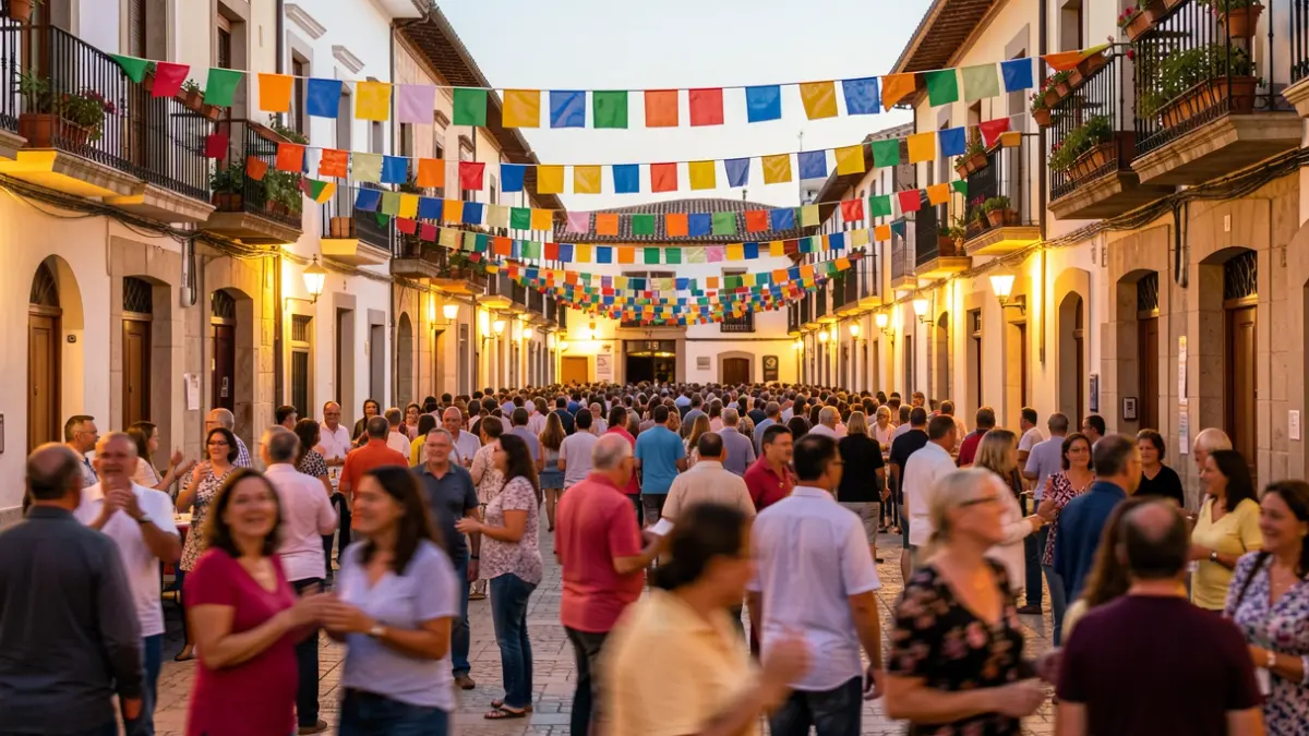 Generic image of a town square full of people celebrating a local festival with decorations and lights.