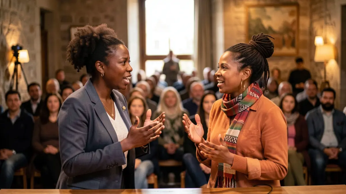 Dues activistes, una sud-africana i una sahrauí, parlant en un acte a Rubí.