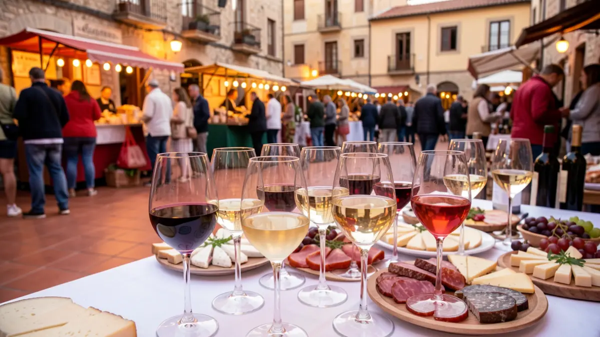 Imatge genèrica d'una fira de vins a Catalunya amb copes, formatges i arquitectura tradicional.