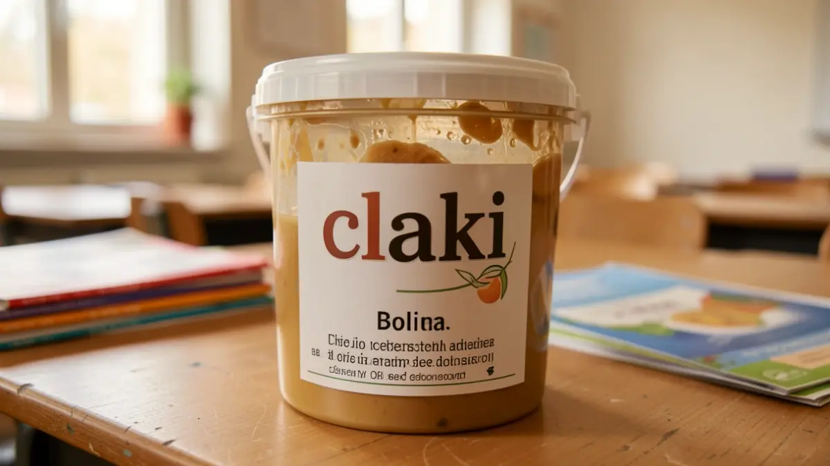 Recipient 'claki' per a oli de cuina usat en un entorn escolar.