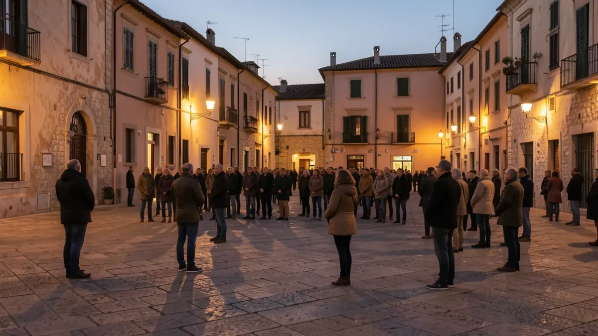 Generic image of a public square in a Catalan municipality at dusk, with a group of people gathered in silence.