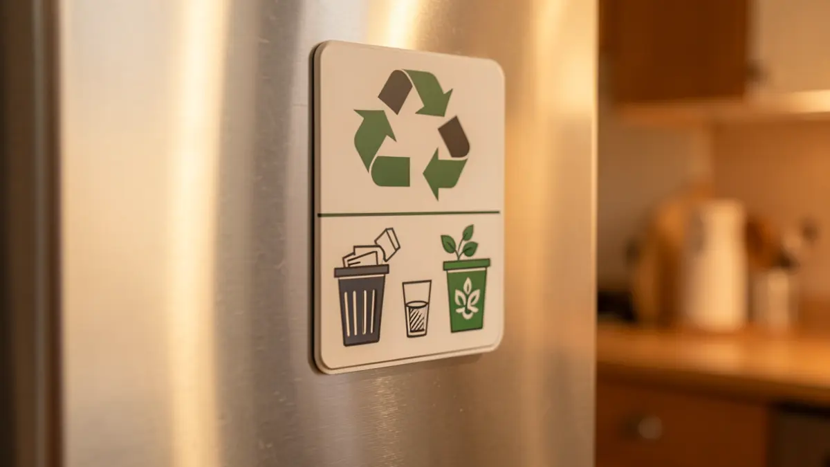 Imatge genèrica d'un imant de nevera amb símbols de reciclatge i icones de contenidors.