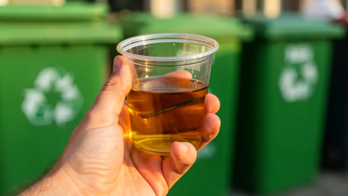Containers for used oil collection at an environmental information point.