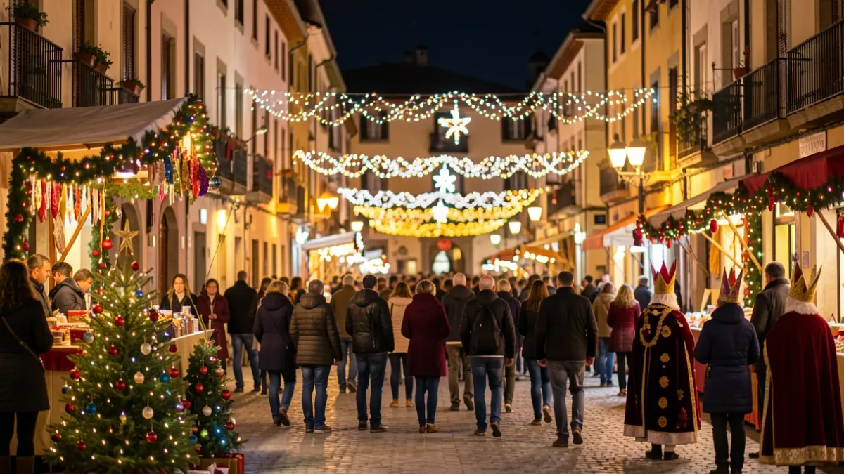 Imatge genèrica de decoracions nadalenques i llums festives en una plaça de poble català.