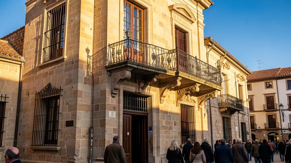 Generic image of a municipal building facade with a balcony and blue sky.