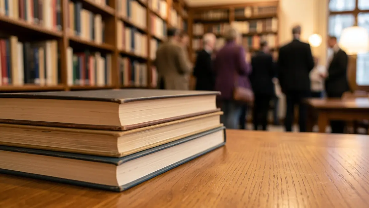 Imatge genèrica de llibres apilats sobre una taula de fusta, amb una biblioteca desenfocada al fons.