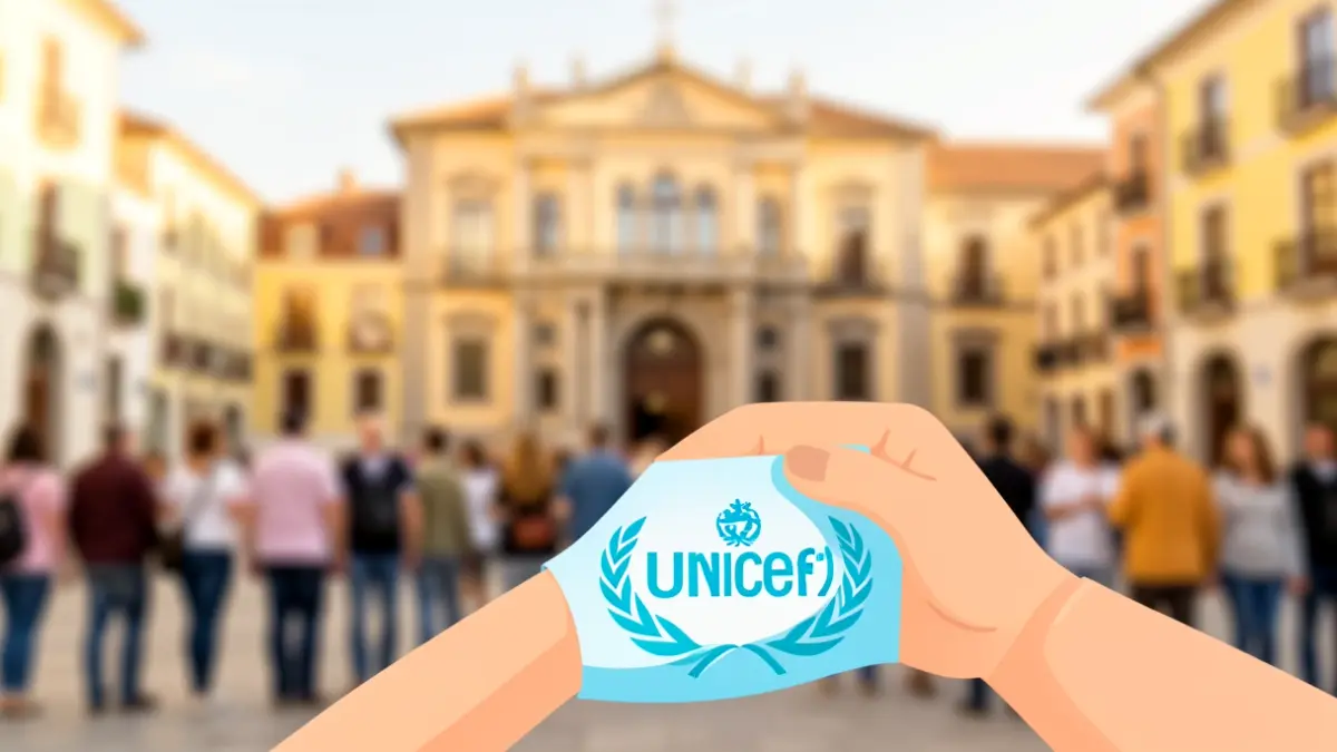 UNICEF logo held by a child's hand in front of the Rubí City Hall.