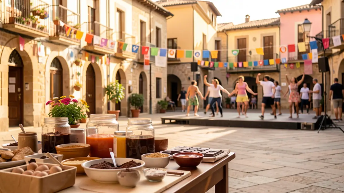 Imagen genérica de una plaza de pueblo catalán con elementos de festival cultural.