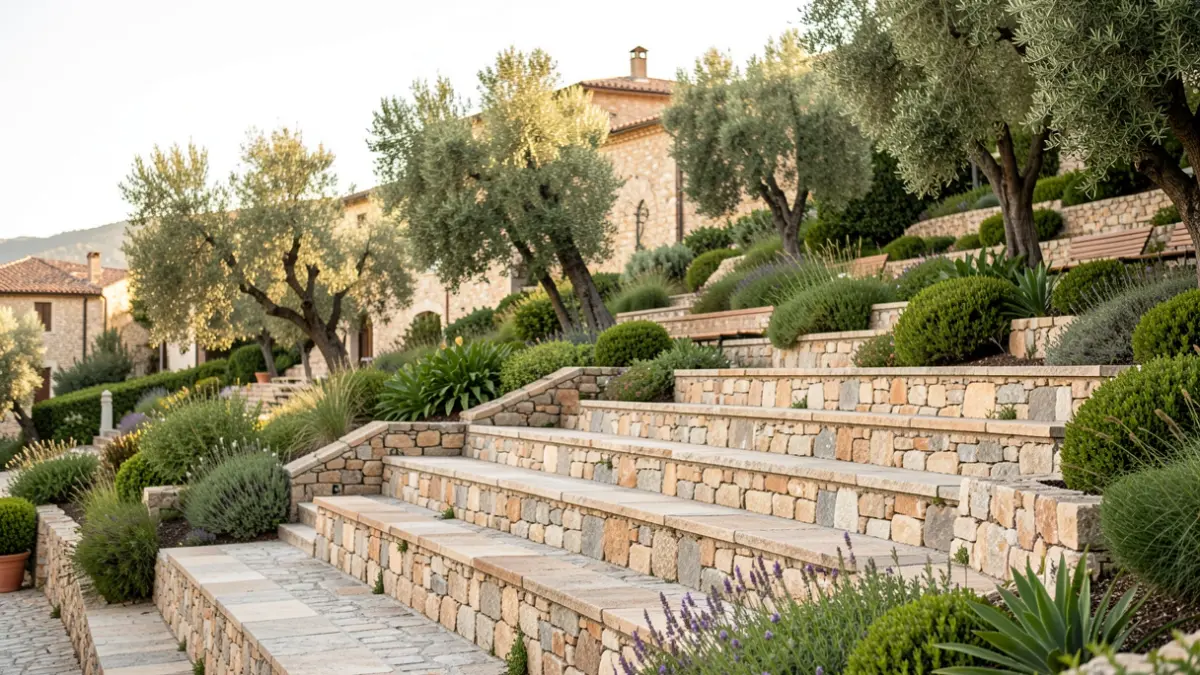 Generic image of a public space with stone walls and vegetation.