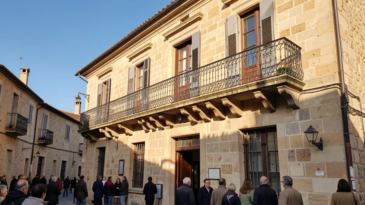 Generic image of a stone town hall facade with a balcony and iron railings, warm afternoon light, blue sky.