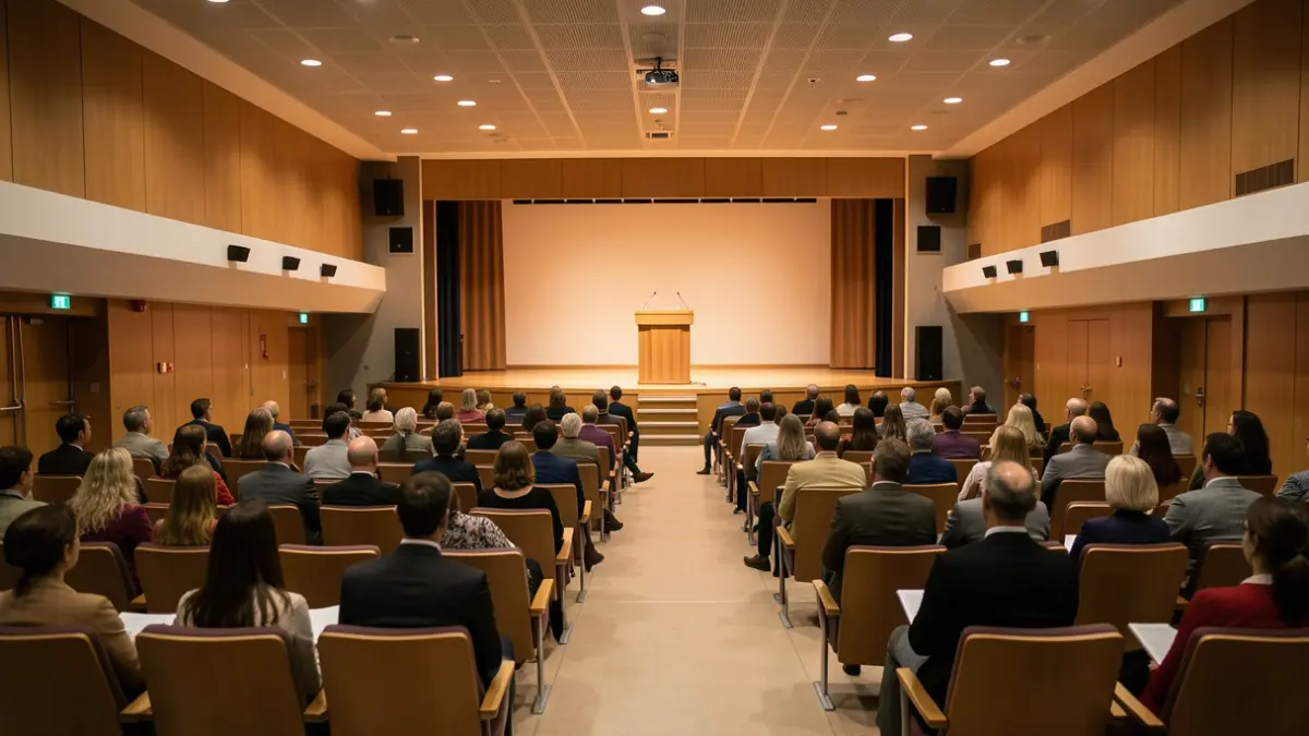 Imatge genèrica d'un auditori hospitalari buit amb un faristol.