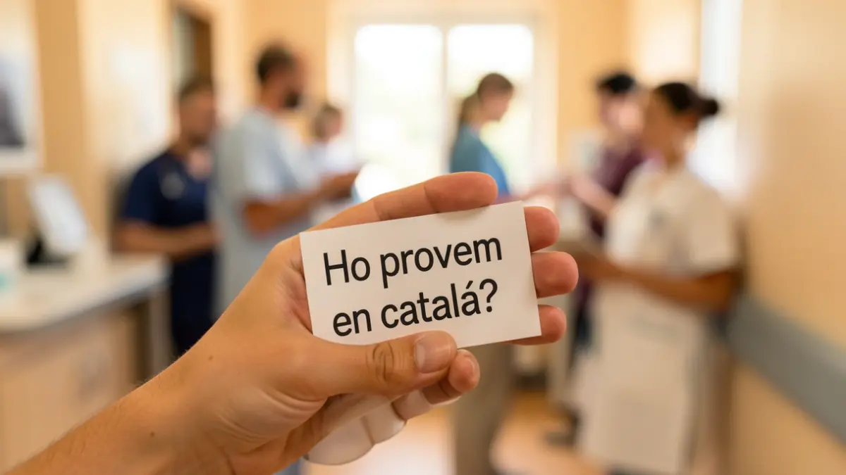 Imatge genèrica d'una mà portant una xapa amb el lema 'Ho provem en català?' en un entorn sanitari.