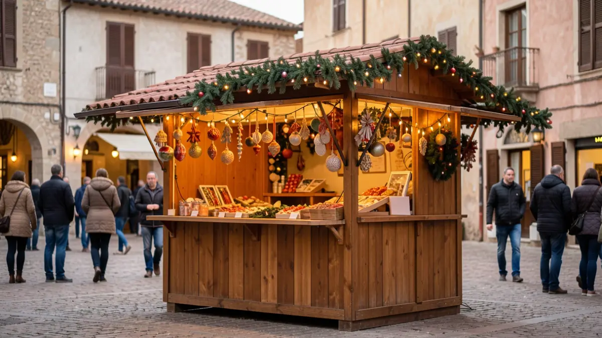Imagen genérica de un mercado navideño con puestos de madera decorados y arquitectura mediterránea.