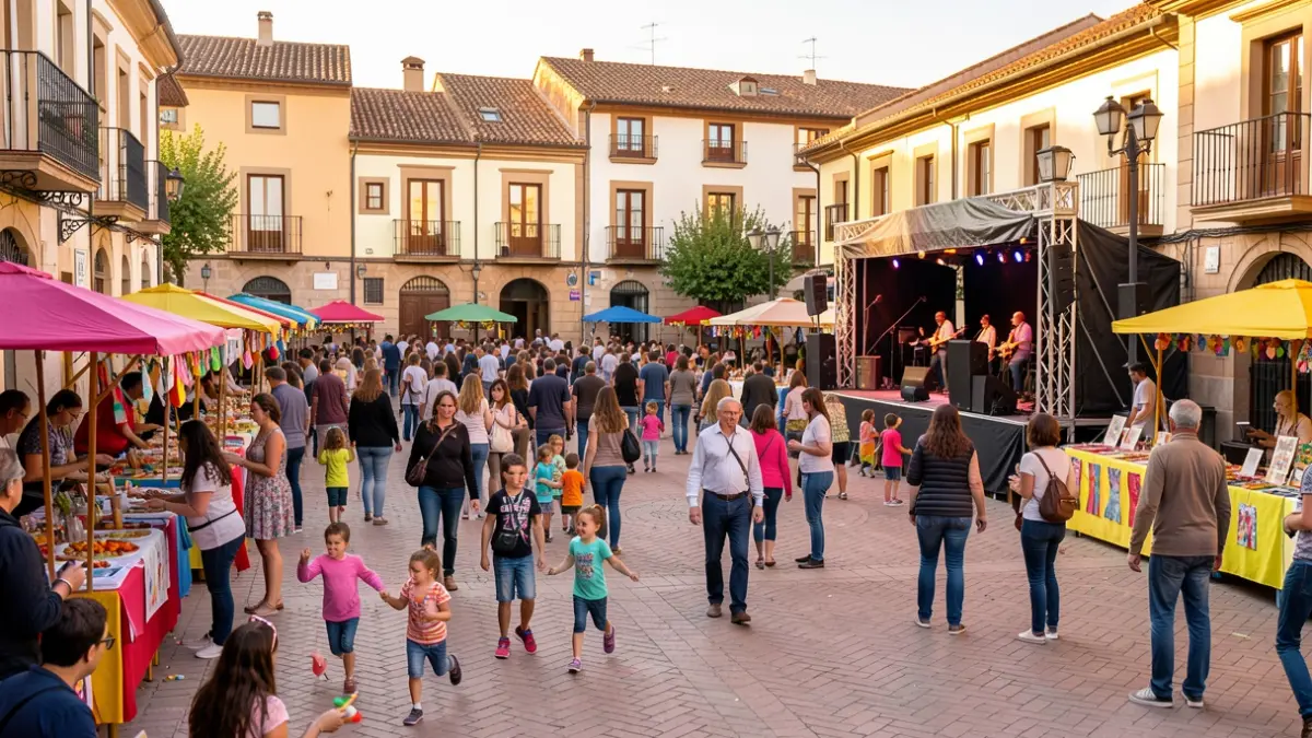 Imatge genèrica d'una festa popular en una plaça de poble català amb activitats i gent gaudint.