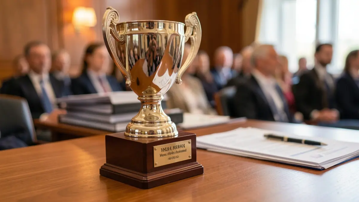 Generic image of a sports trophy on a desk with documents.