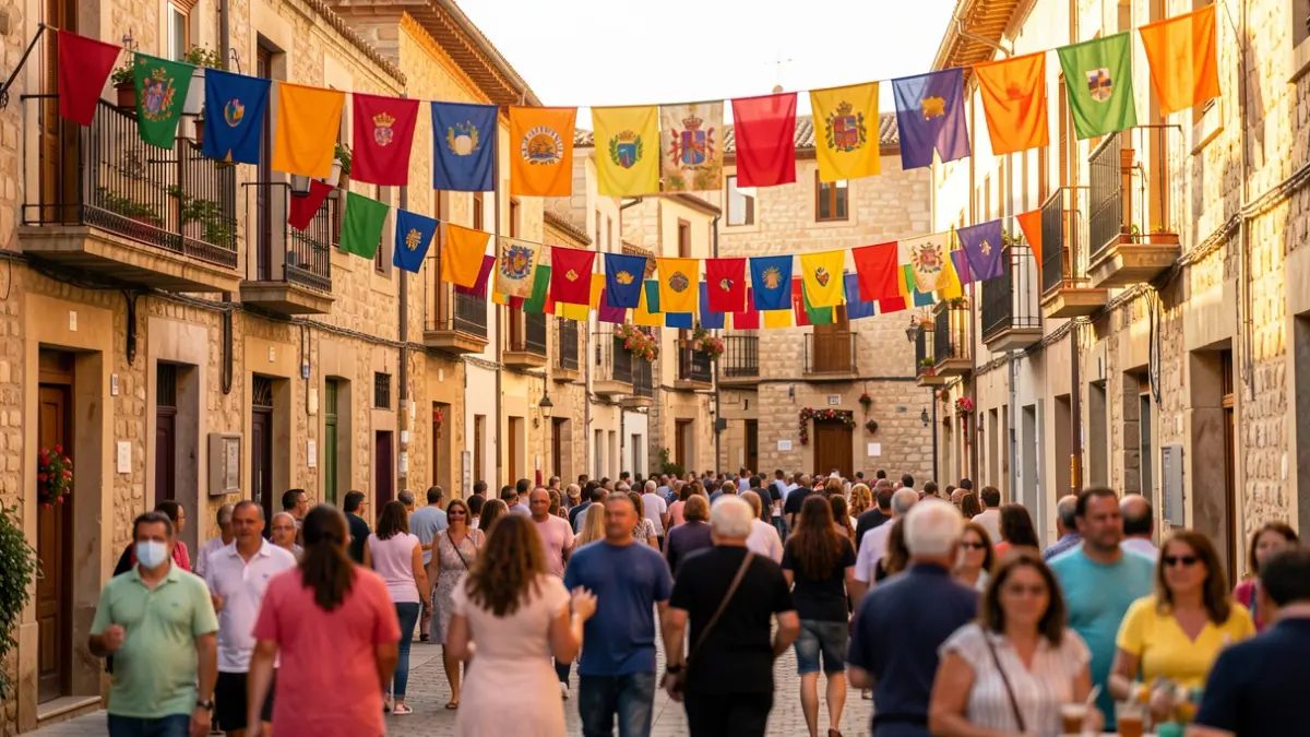 Imatge genèrica d'una plaça de poble català durant una festa major, amb ambient festiu i arquitectura tradicional.