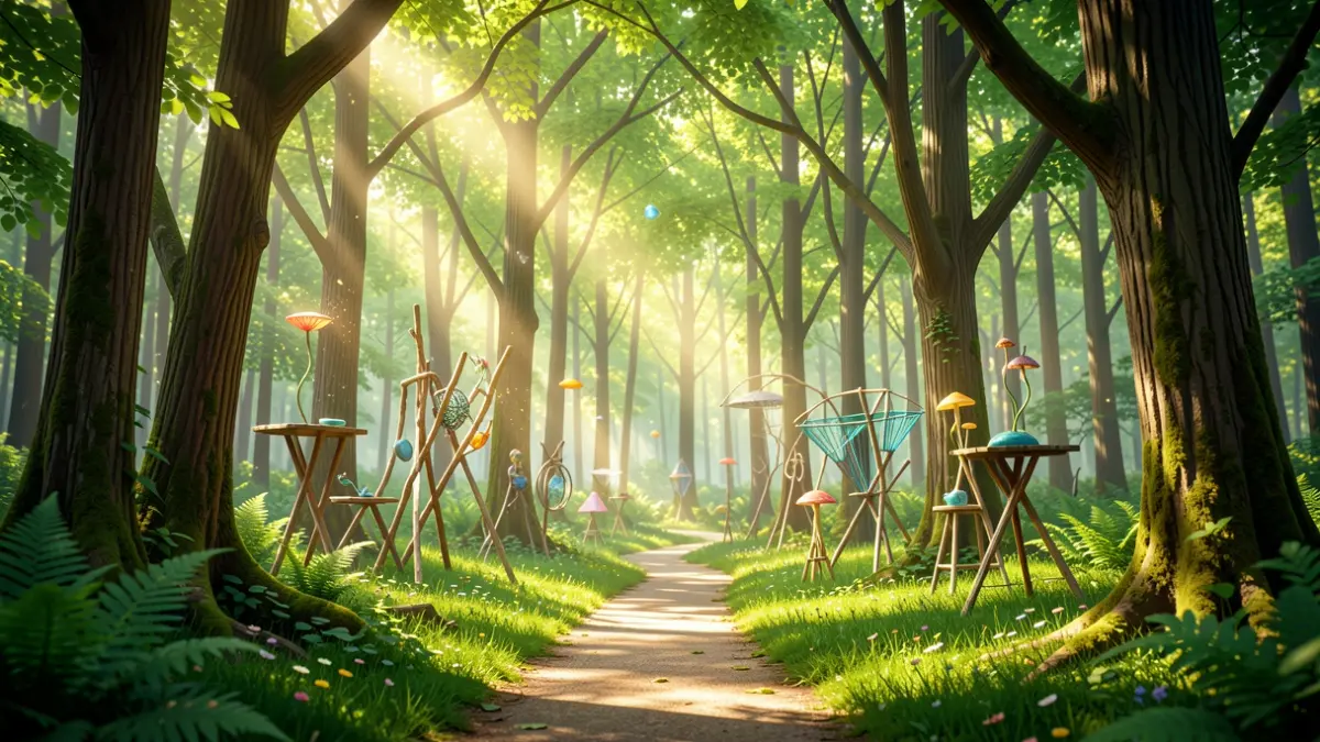 Generic image of a forest with artistic installations integrated among the trees.