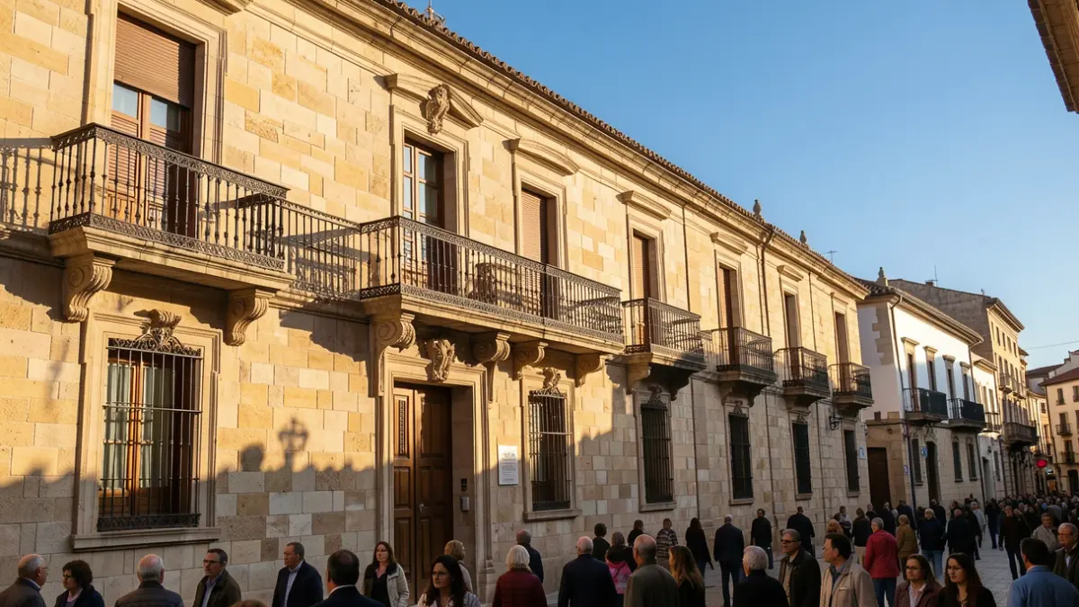 Imatge genèrica de la façana d'un edifici històric d'un ajuntament català amb balcó i baranes de ferro, sota la llum càlida de la tarda i cel blau.