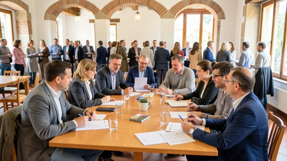 Diverse group of professionals and citizens collaborating on an educational project in Sant Celoni.