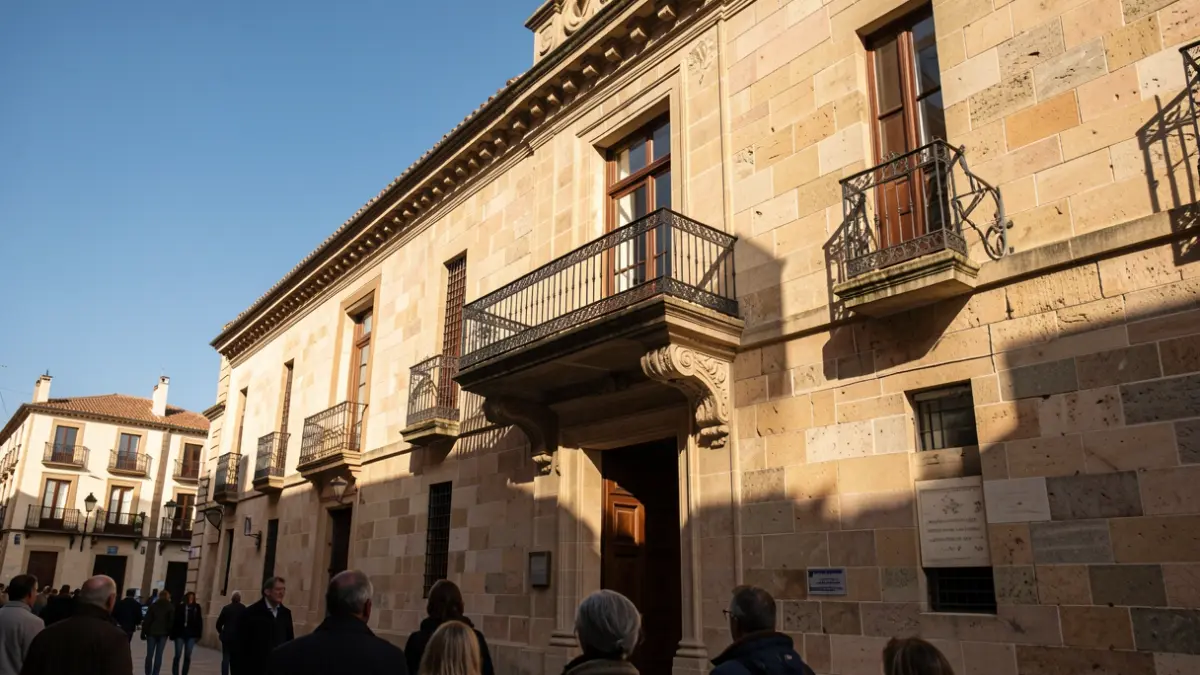 Facade of a town hall in Catalunya with a balcony and blue sky.