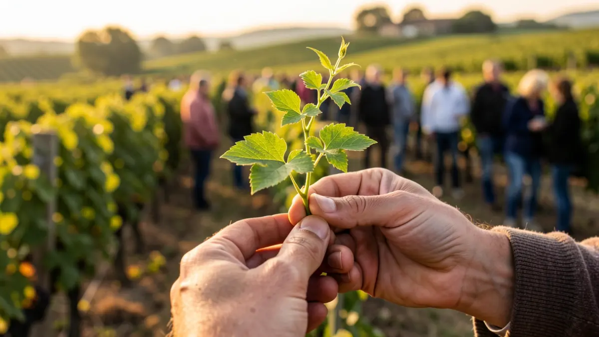 Hands holding a young grapevine sprout in front of a vineyard landscape in Penedès.