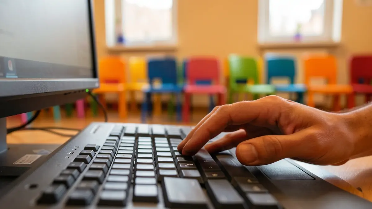 Generic image of a computer keyboard with a hand nearby, in a setting suggesting a community center.