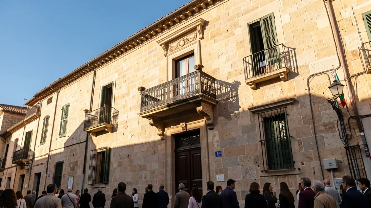Façana d'un ajuntament mediterrani amb balcó i baranes de ferro, llum càlida de tarda.