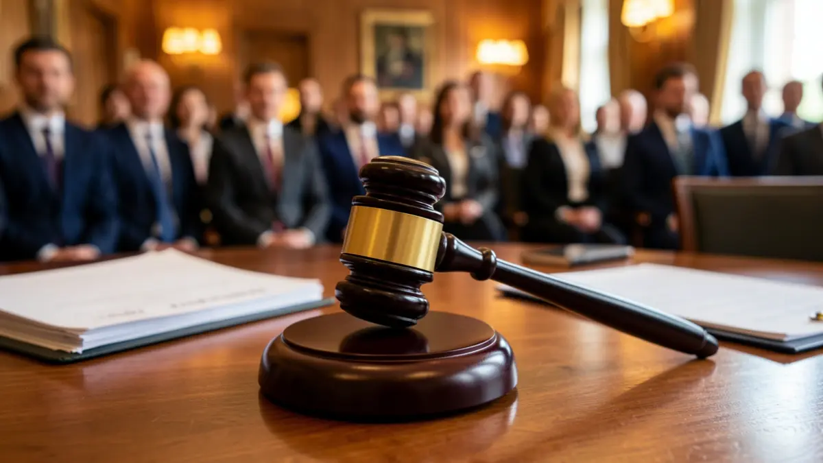 Generic image of a judge's gavel on a desk with documents.