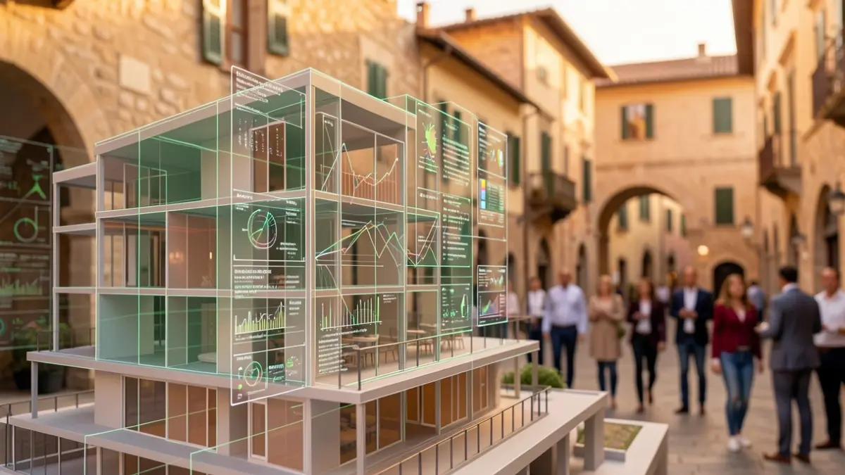 Imatge genèrica d'un model digital 3D d'un edifici amb dades superposades.
