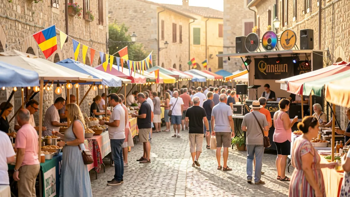 Imagen genérica de una feria de solidaridad e interculturalidad con puestos de comida y ambiente festivo.