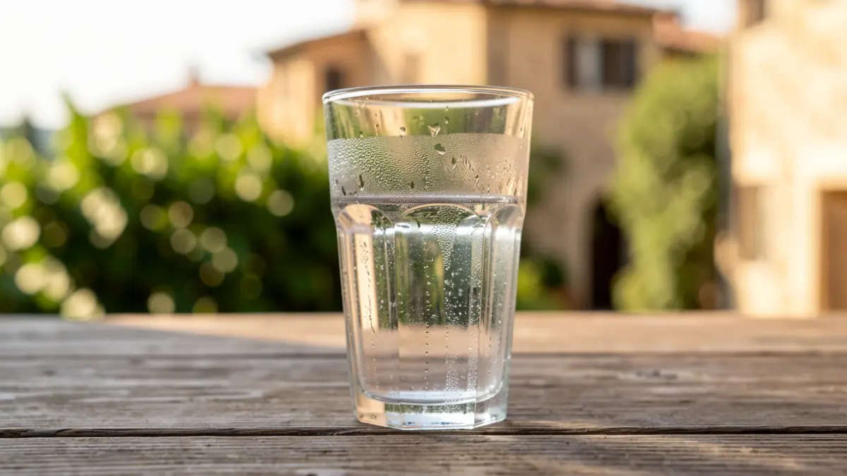 Un vaso de agua del grifo sobre una mesa de madera con fondo de Sant Feliu de Codines.