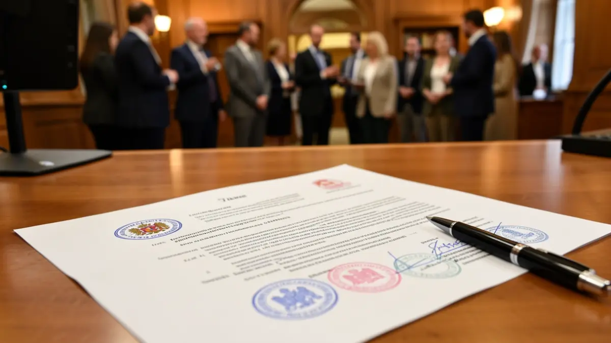 Imatge genèrica d'un document oficial amb segells i una ploma sobre una taula.