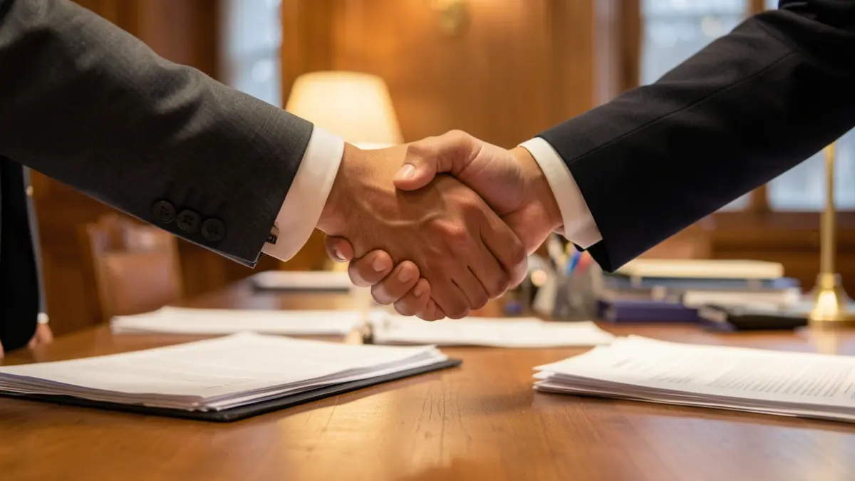 Generic image of two hands shaking over a wooden desk with blurred paperwork, warm office lighting.