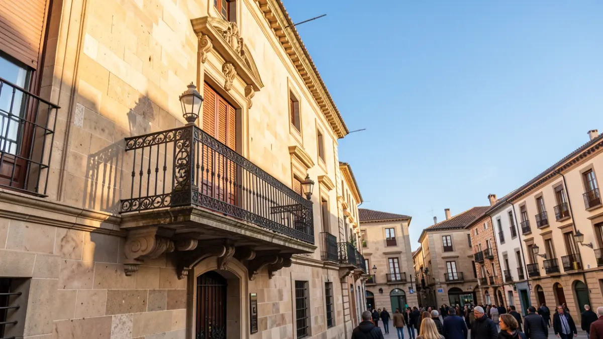 Fachada de un ayuntamiento catalán con balcón y cielo azul.