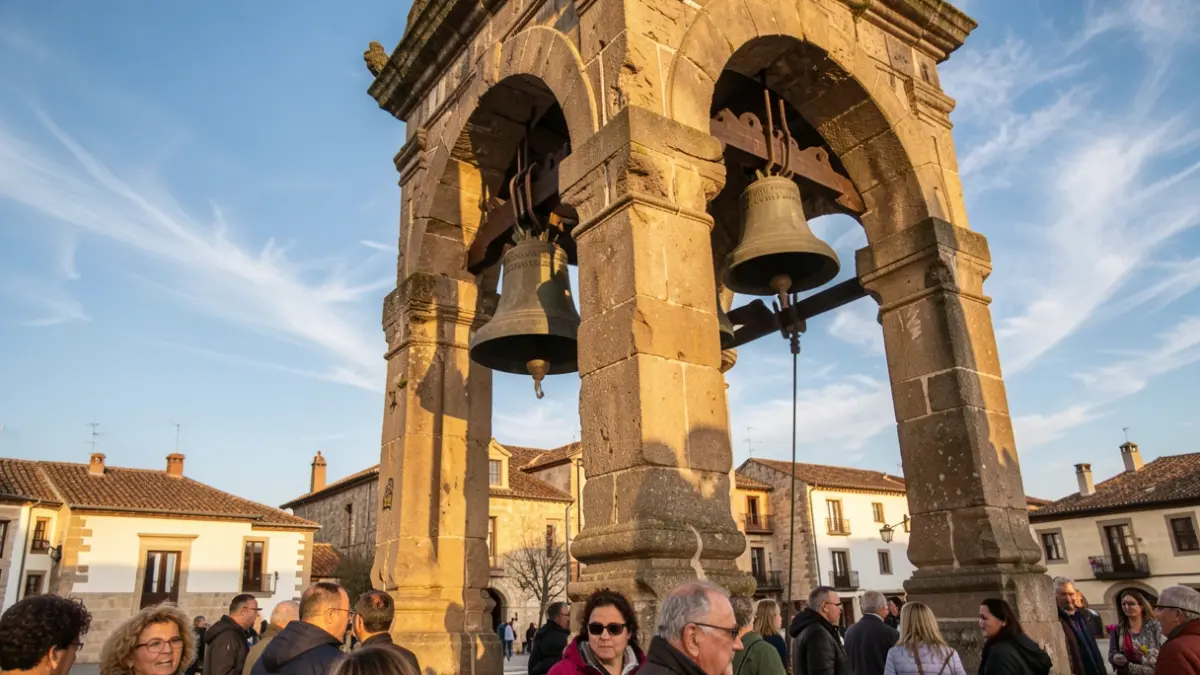 Traditional Catalan bell tower with bells and afternoon sun.