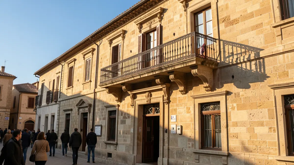 Generic image of a municipal building with a balcony and blue sky.