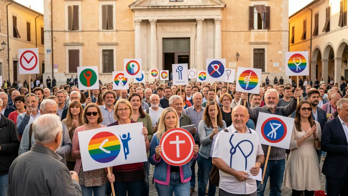Grupo diverso de personas participando en un acto público de apoyo a los derechos trans frente a un ayuntamiento mediterráneo.